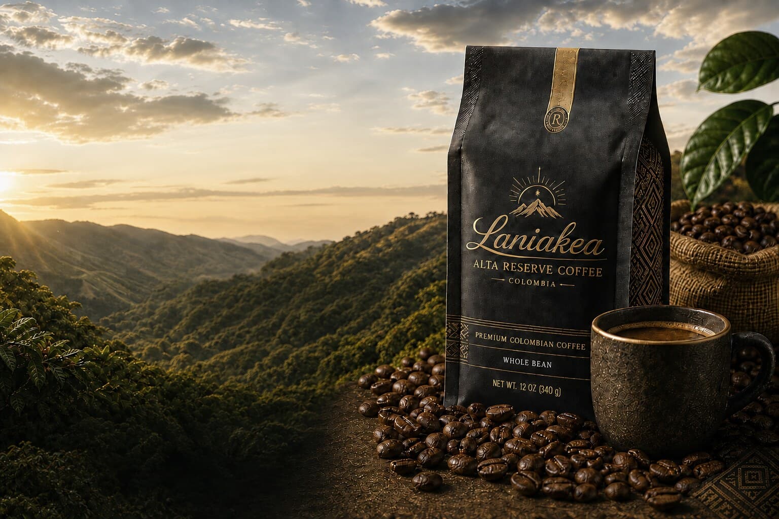 Empaque de café Laniakea Alta Reserve frente a un atardecer natural inspirado en Portola, California